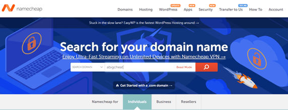 Namecheap's search bar for your domain name